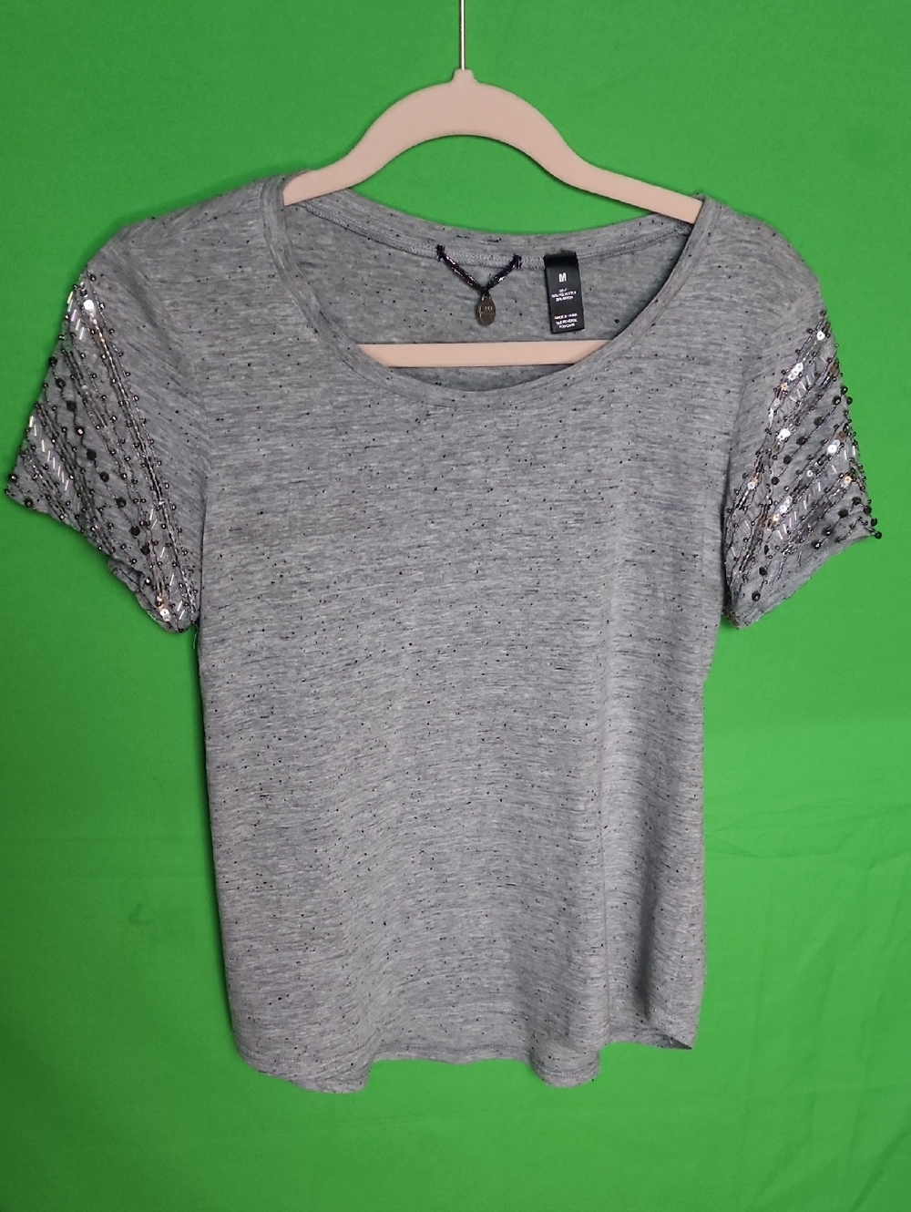 BKE Boutique Gray Scoop Neck Top Silver Sequin Embellished Sleeves Size M